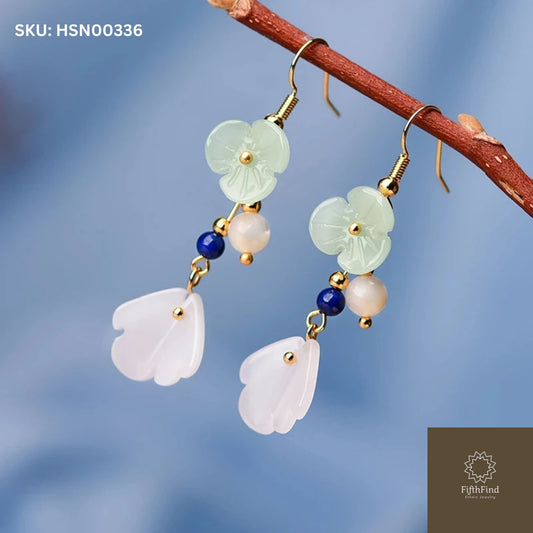 Floral Gemstone Drop Earrings with Jade and White Petals