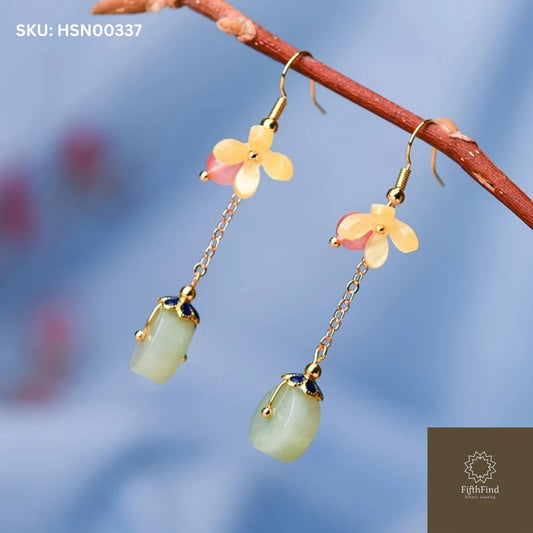 Yellow Flower Dangle Earrings with Jade and Gold Chains