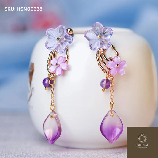 Purple Floral Dangle Earrings with Crystal Petals