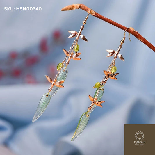 Leaf Drop Earrings with Green Crystal and Gold Accents