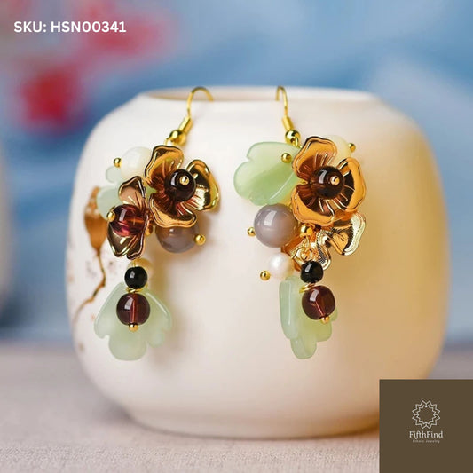 Gold Floral Drop Earrings with Gemstone Accents