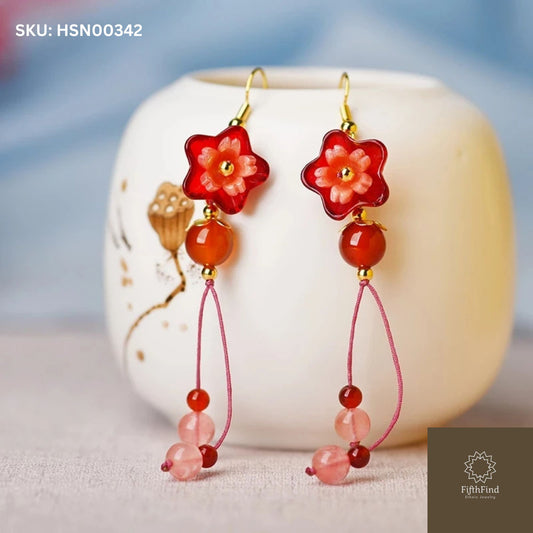 Red Floral Gemstone Earrings with Pink Dangling Beads