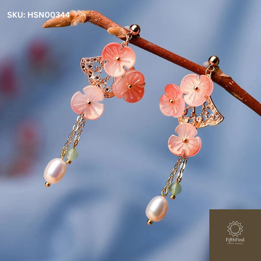 Pink Floral Pearl Drop Earrings with Gold Filigree Design