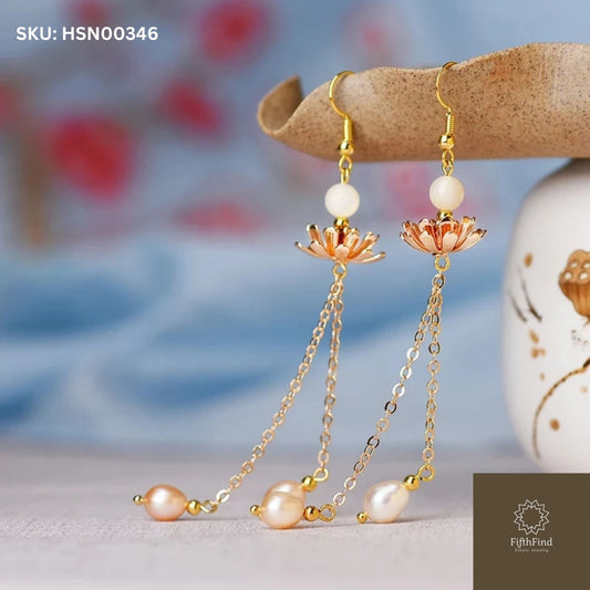 Elegant Lotus Flower Pearl Dangle Earrings