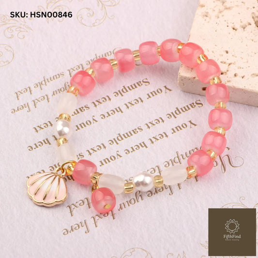 Pink Beaded Bracelet with Shell Charm