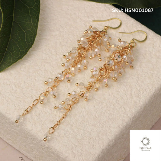 White Crystal Cascading Dangle Earrings with Gold Chains