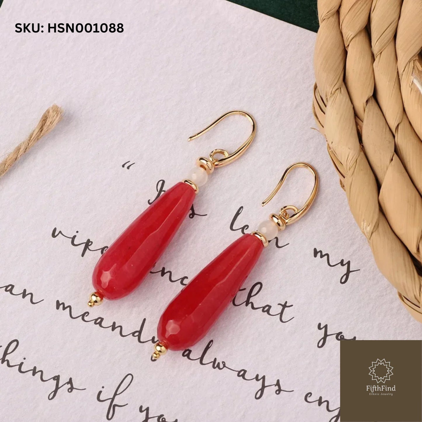 Elegant Red Teardrop Earrings with Gold Accents