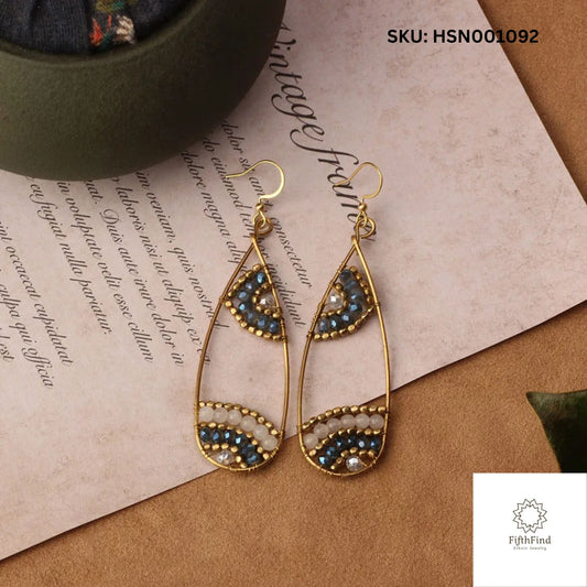 Blue Beaded Gold Teardrop Earrings for Women