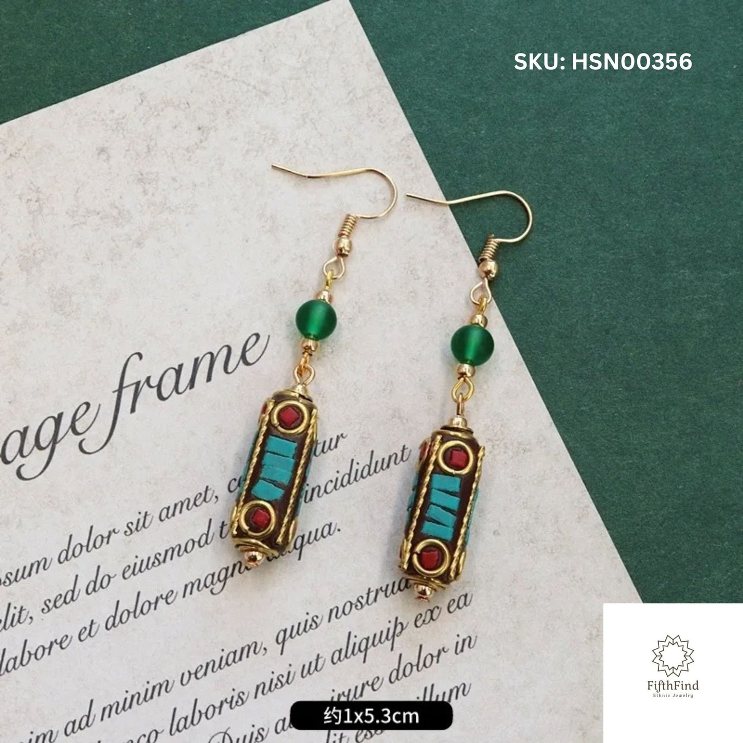 Ethnic Turquoise and Red Beaded Drop Earrings with Gold