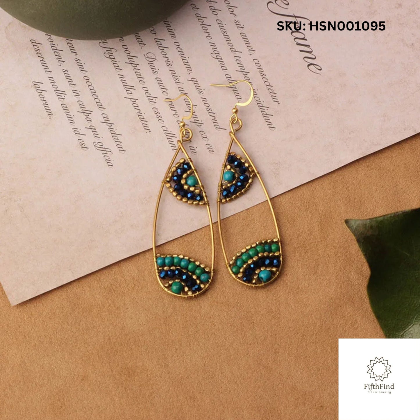 Blue and Green Teardrop Beaded Gold Earrings