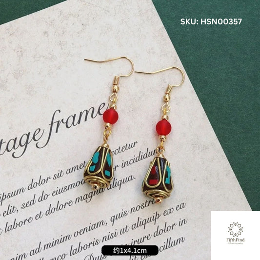 Ethnic Red and Turquoise Cone Drop Earrings with Gold