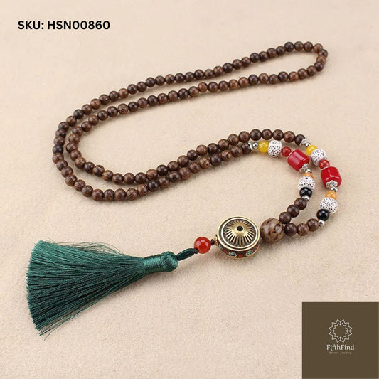 Boho Tassel Necklace with Wooden Beads and Tribal Pendant