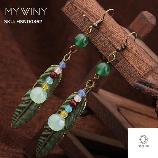 Antique Green Feather Boho Drop Earrings with Gem Beads