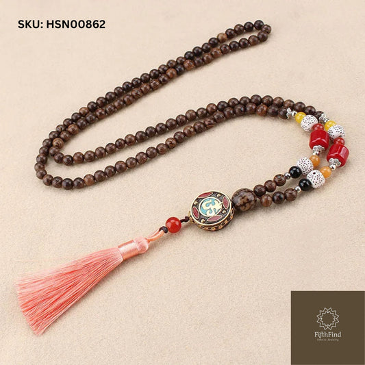 Pink Tassel Boho Necklace with Om Pendant and Wooden Beads