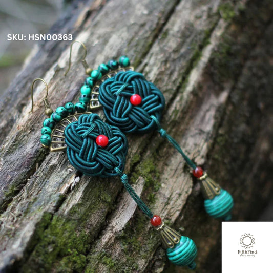 Green Knot Fan Tassel Earrings with Red Bead Accents