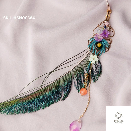 Peacock Feather Drop Earring with Floral Accents