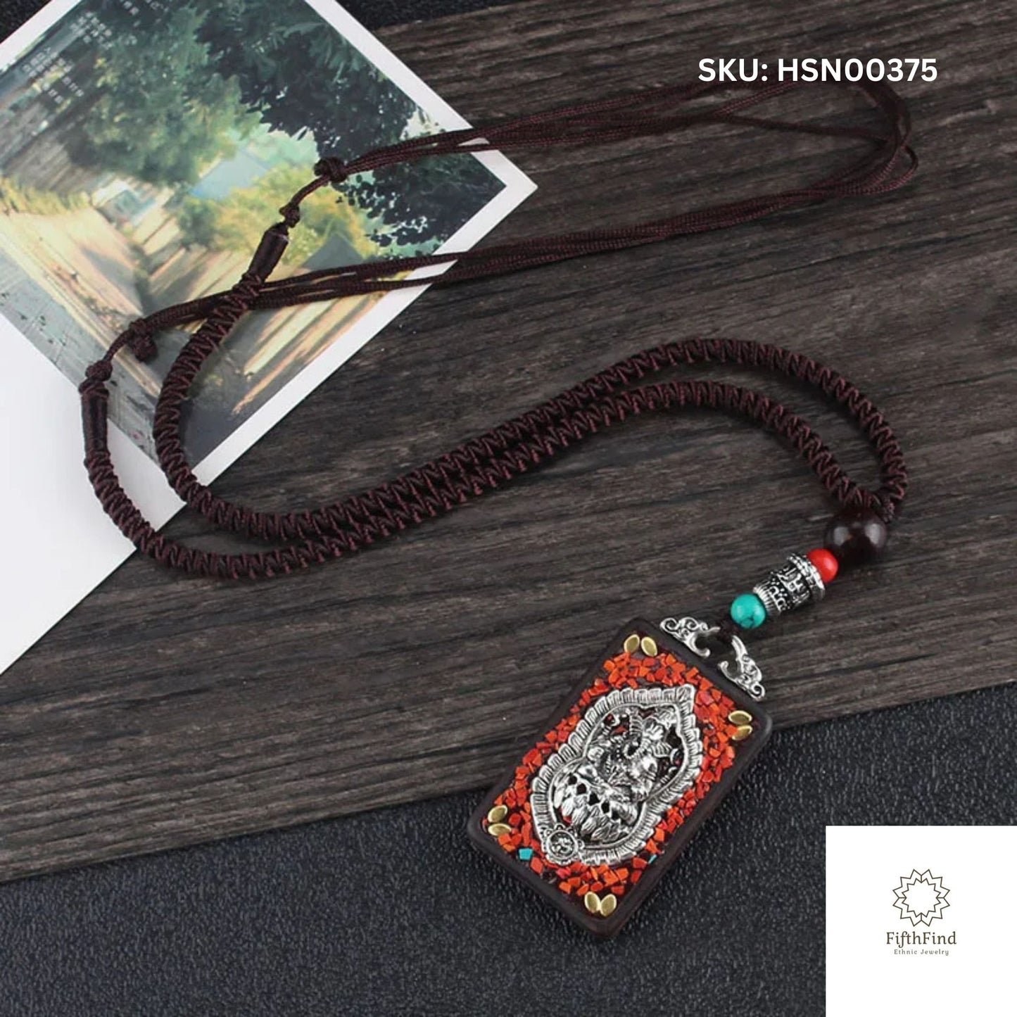 SEO Title (55 Characters): Silver Deity Pendant Necklace with Red Mosaic Details