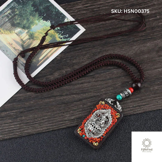 SEO Title (55 Characters): Silver Deity Pendant Necklace with Red Mosaic Details