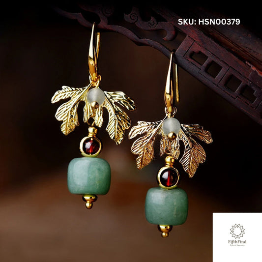 Gold Leaf Green Stone Drop Earrings with Garnet Accent