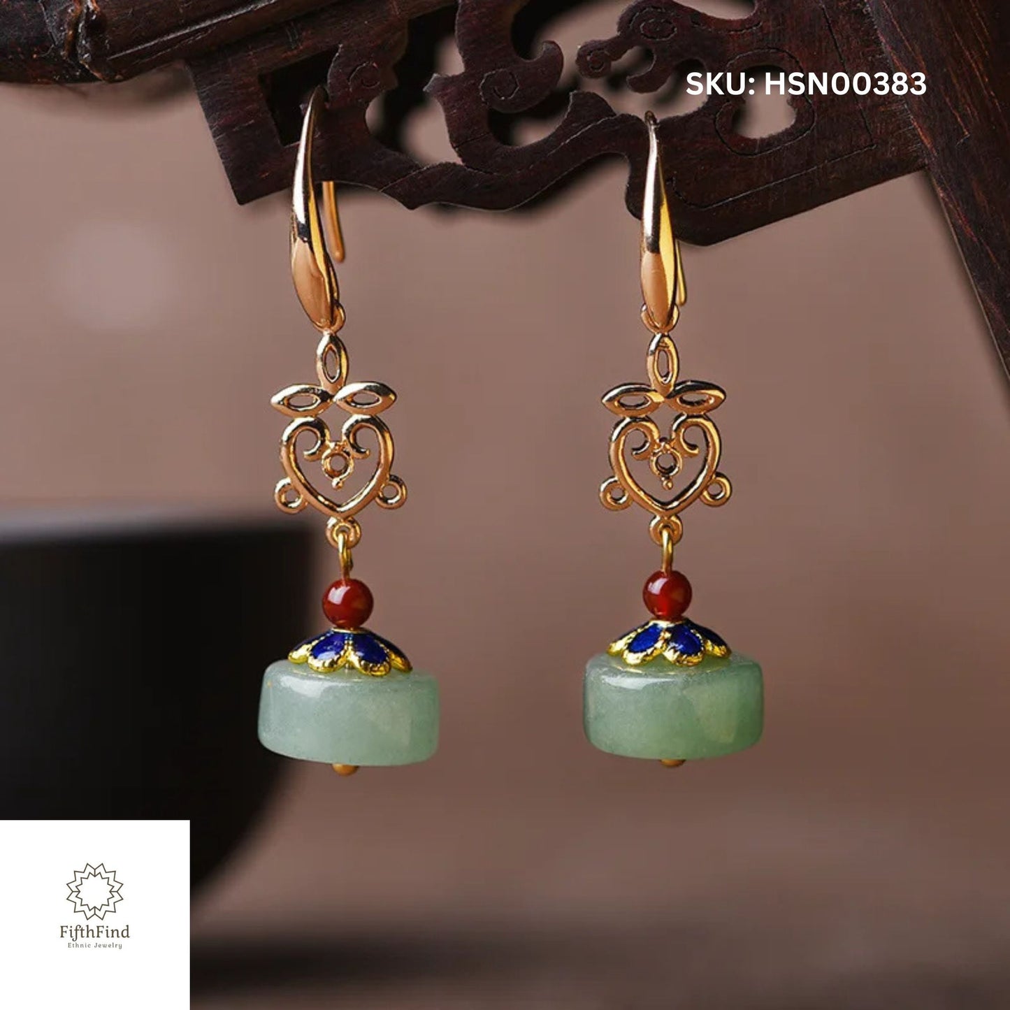 Elegant Gold & Jade Drop Earrings with Red and Blue Detail