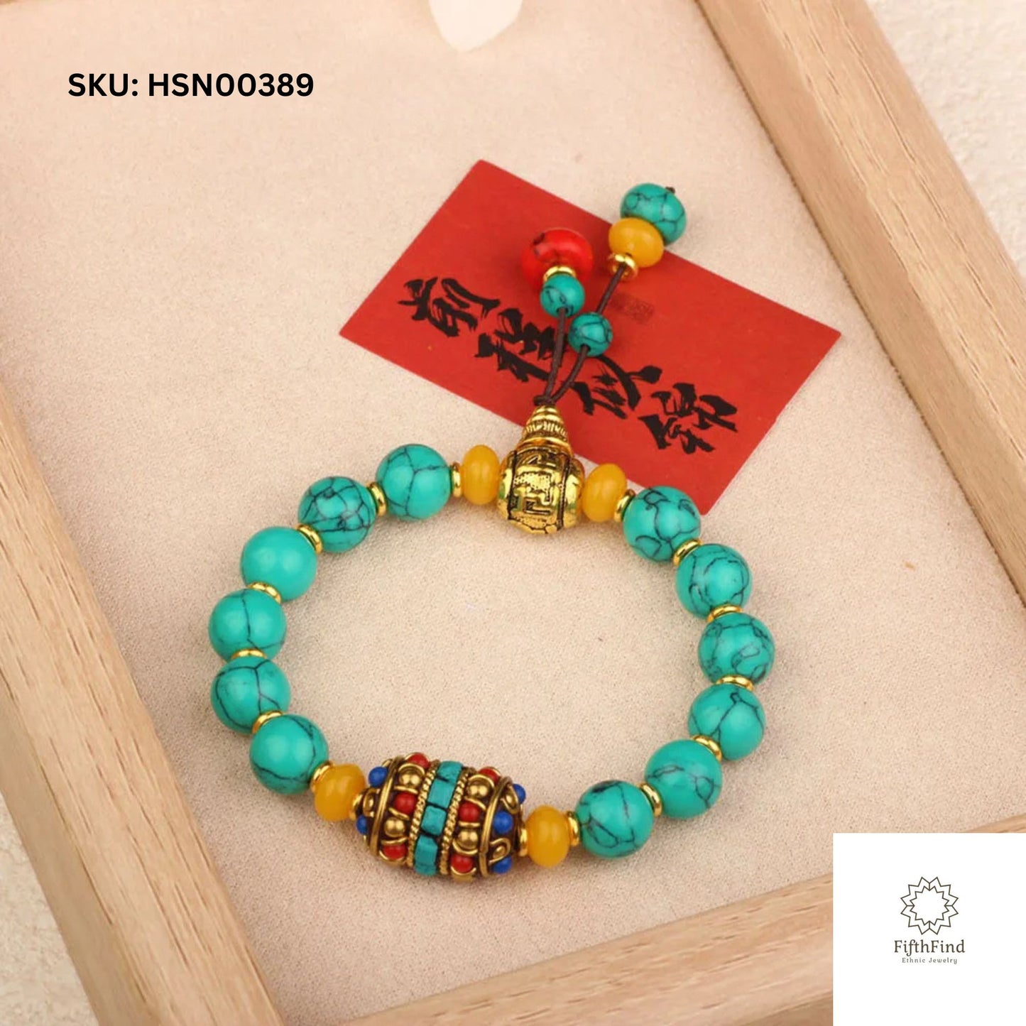 Turquoise Beaded Bracelet with Tibetan Charm