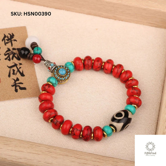 Red and Turquoise Beaded Bracelet with Tibetan Charm