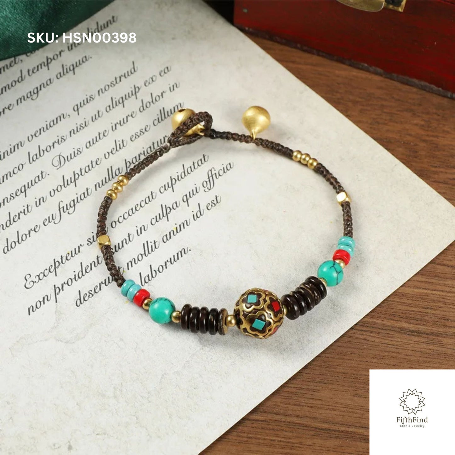 Turquoise and Red Beaded Boho Bracelet with Gold Charm