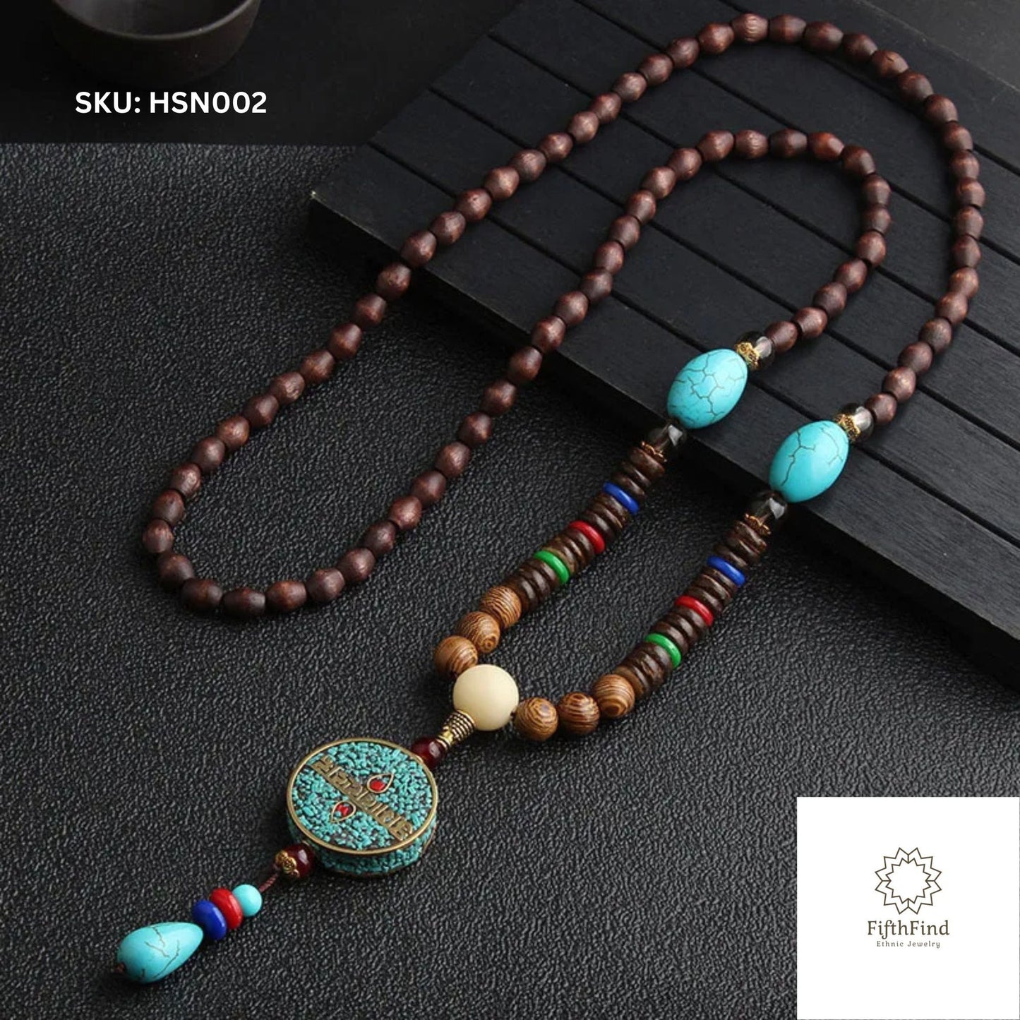 Ethnic Wood Beads Necklace with Turquoise Accents