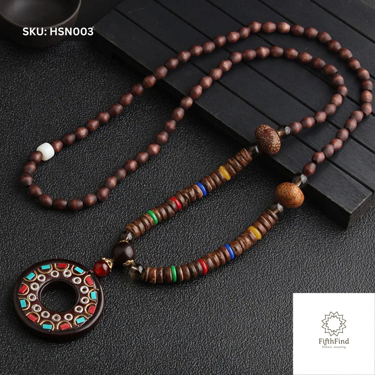 Boho Wood Bead Necklace with Mosaic Donut Pendant