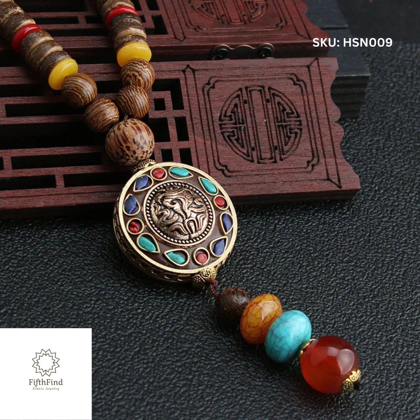 Ethnic Lion Pendant Necklace with Colorful Beads