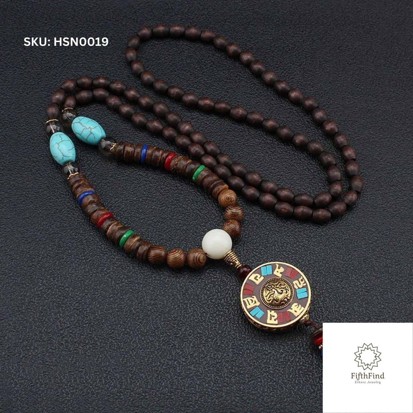 Boho Turquoise Pendant Necklace with Wood Beads