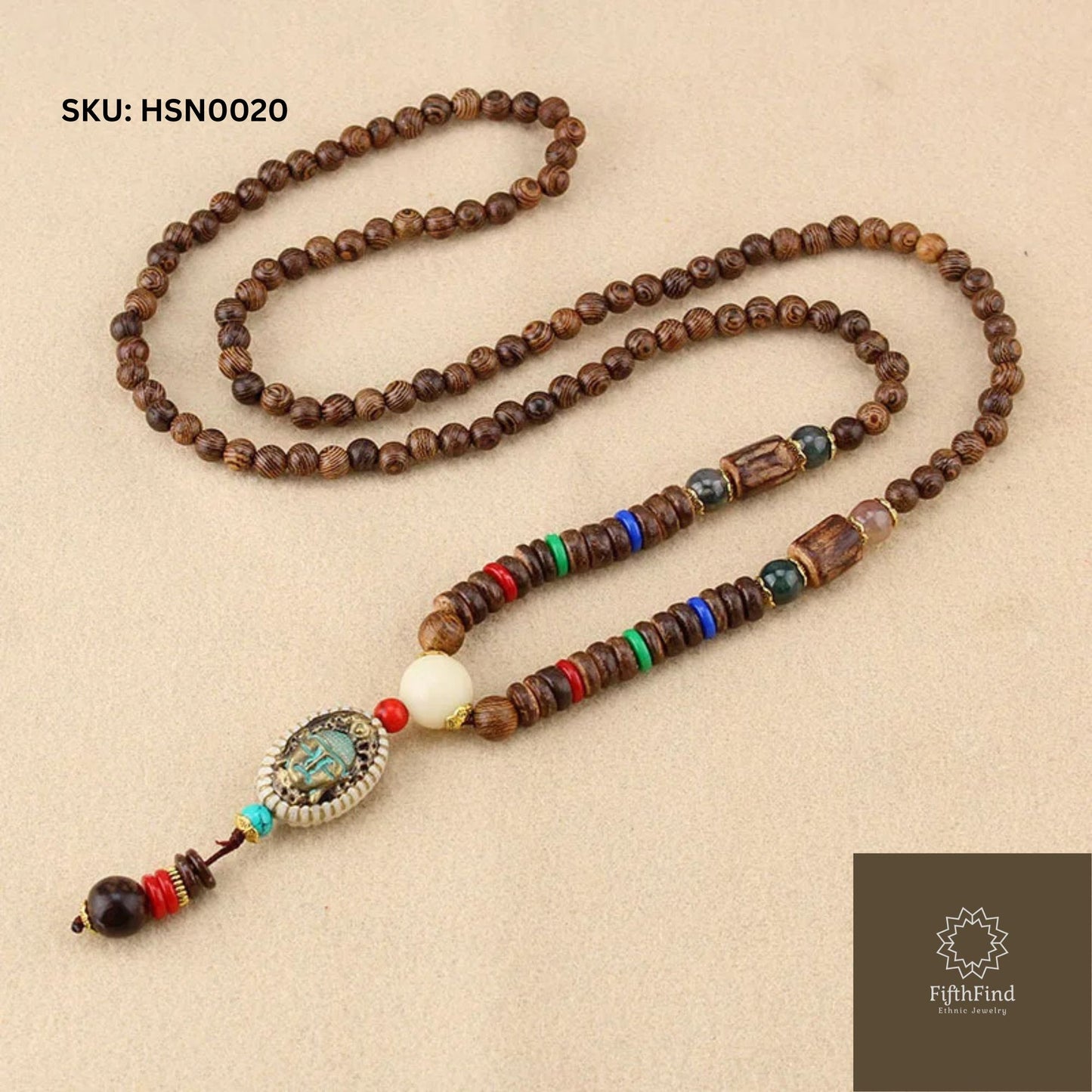 Boho Buddha Pendant Necklace with Wood Beads