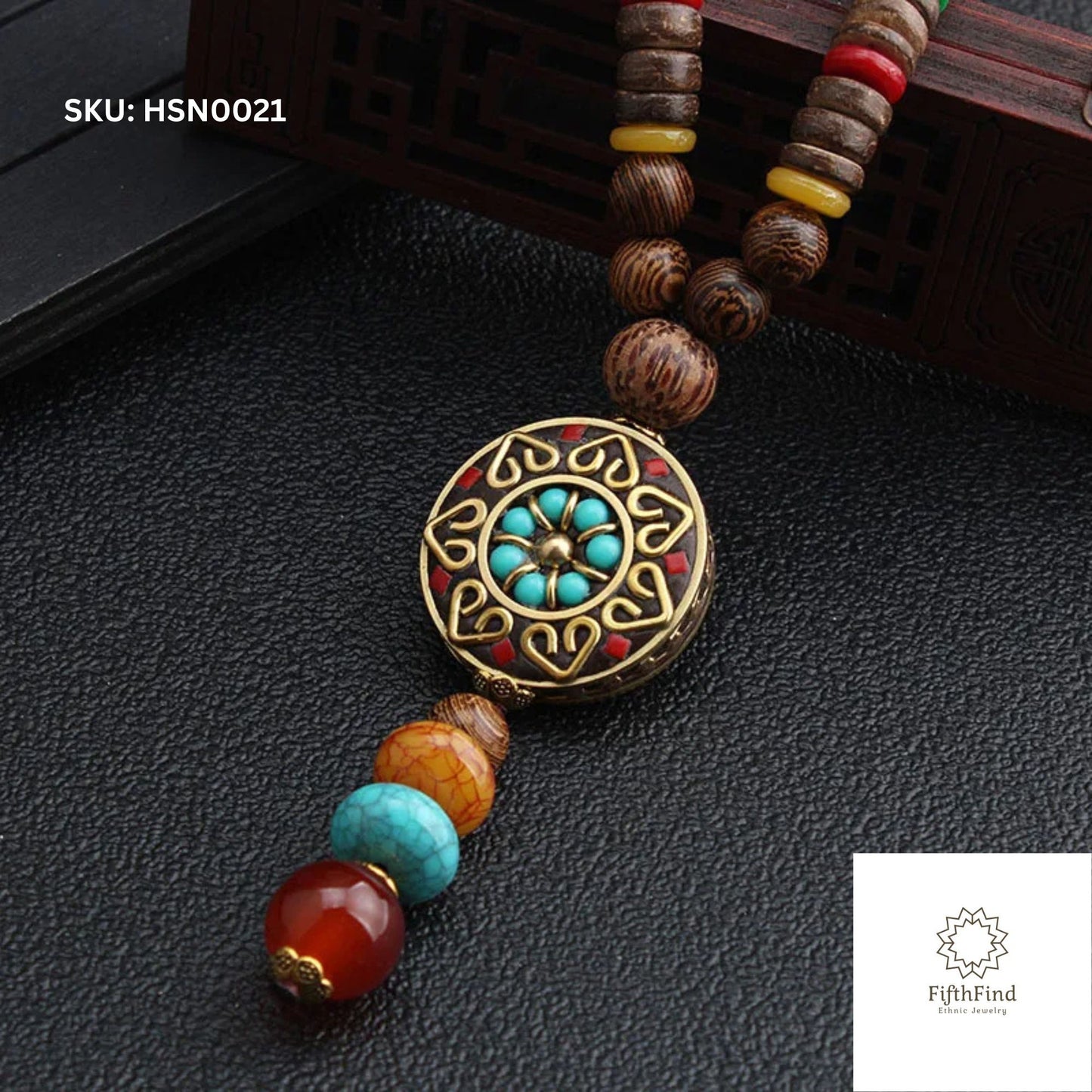 Ethnic Turquoise Pendant Necklace with Wood Beads