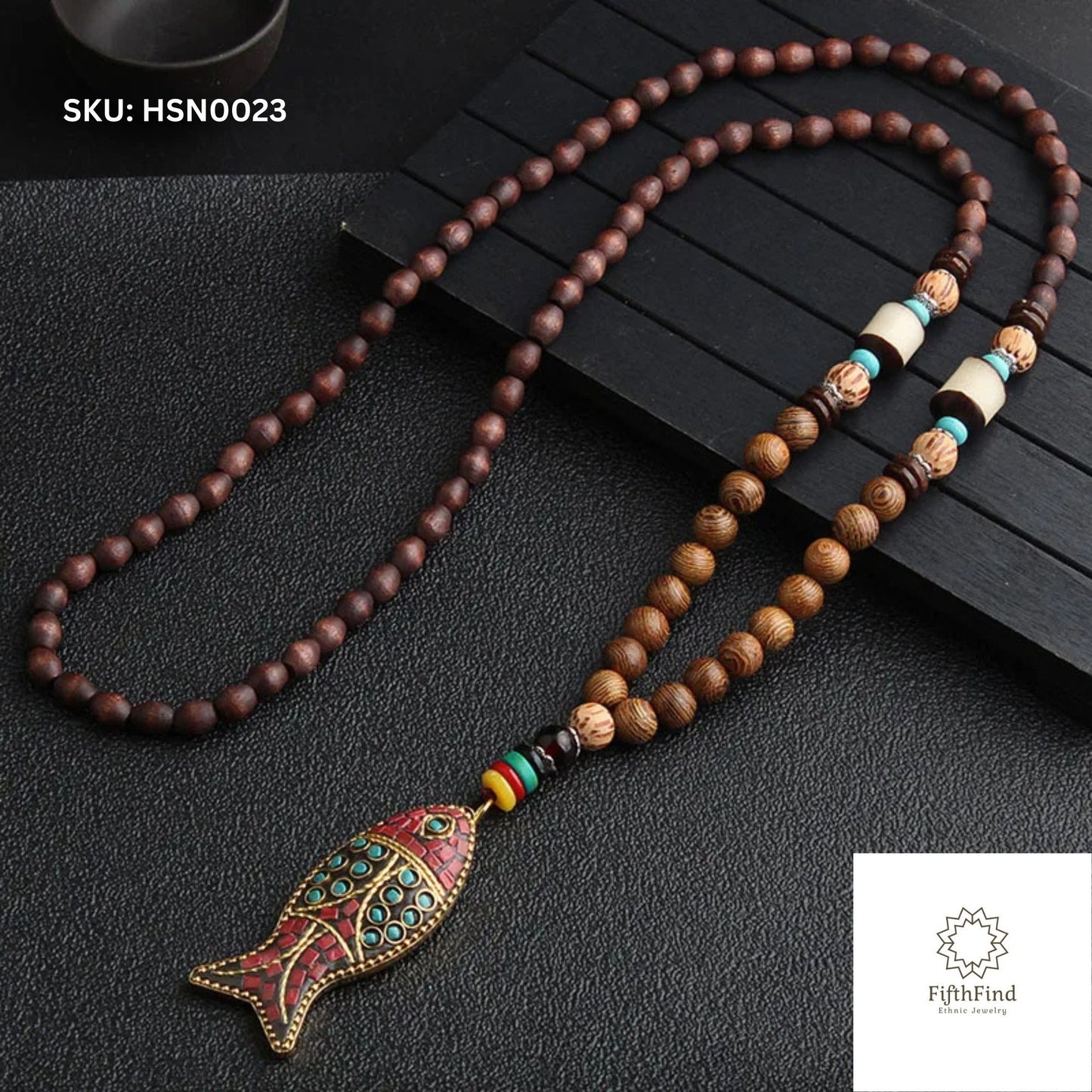 Ethnic Fish Pendant Necklace with Wooden Beads